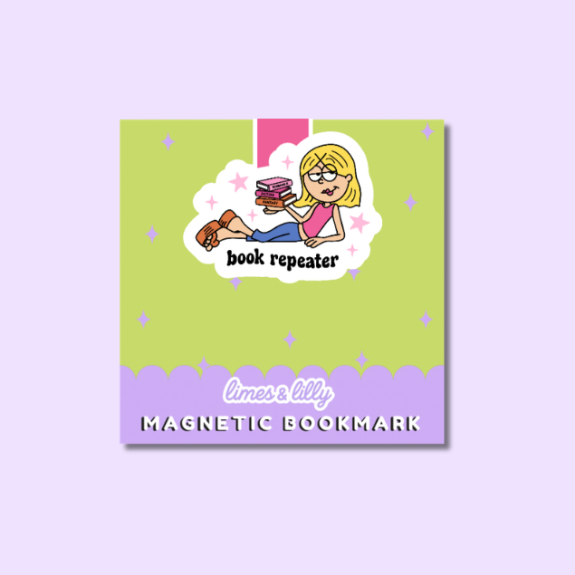 A square magnetic bookmark card with a cartoon illustration of a blonde girl reading a book, labeled 'book repeater,' on a light green background with a lavender bottom band reading 'limes & lily MAGNETIC BOOKMARK.'.