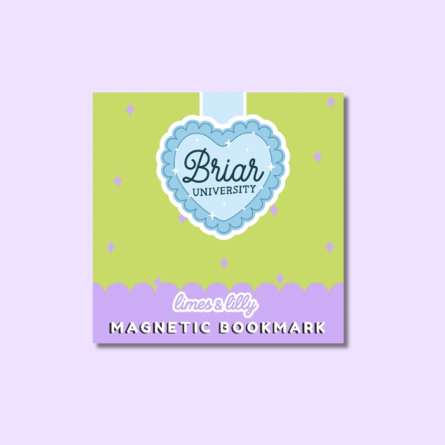 Magnetic bookmark with 'Briar University' design on a purple background