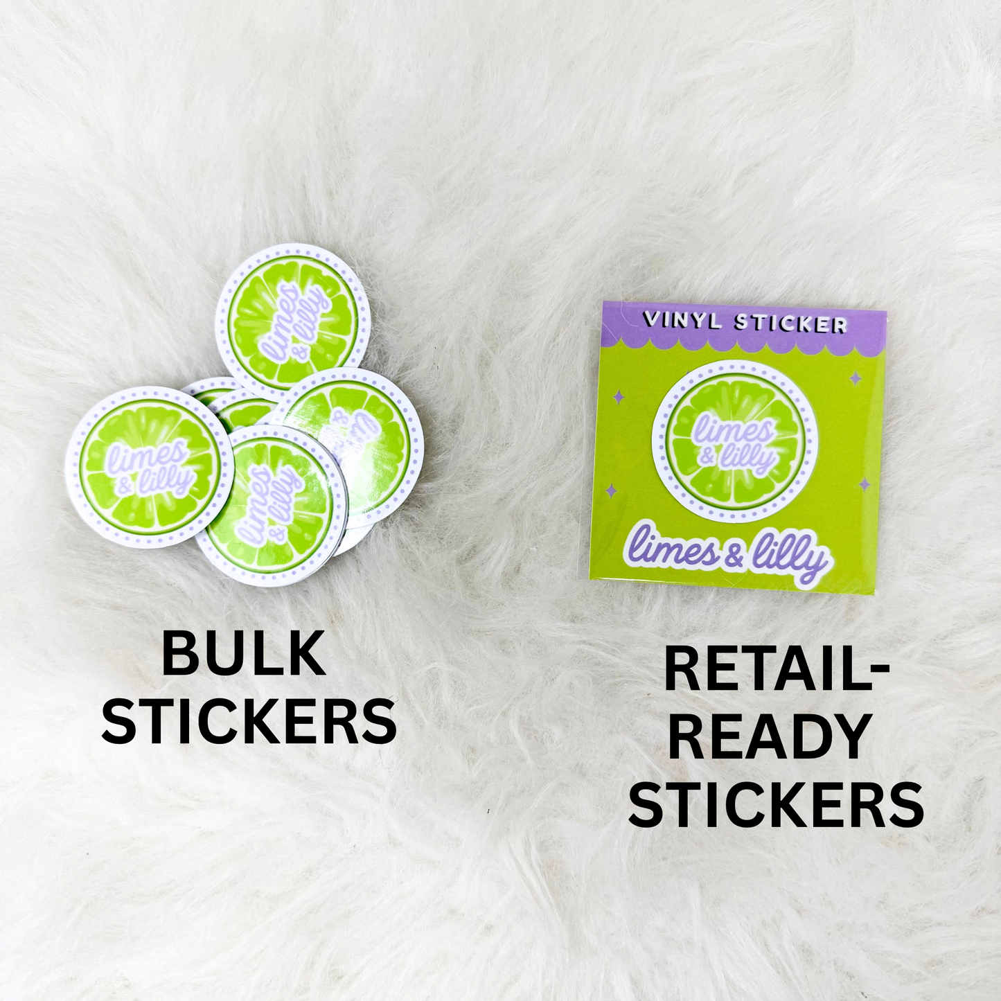 Vinyl stickers labeled 'Bulk Stickers' and 'Retail-Ready Stickers' on a white background.