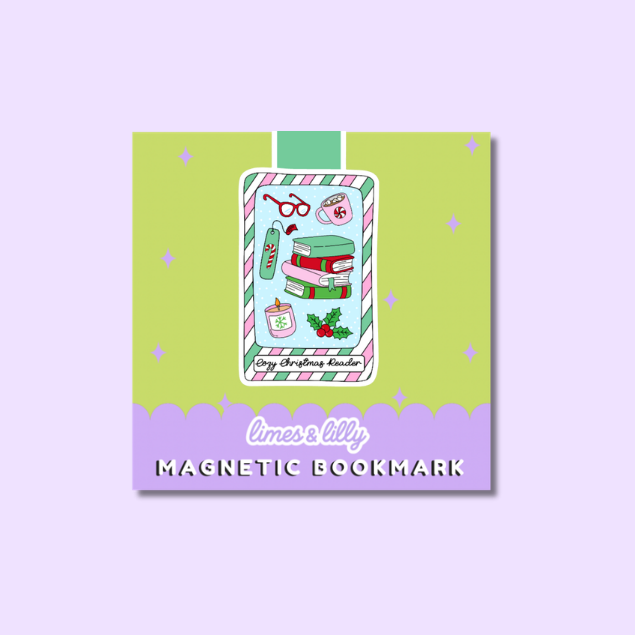 A square decorative product card for a magnetic bookmark, shown on a pale lavender background. The card features a lime green center with a central illustration of a book-themed pocket watch, and a lavender bottom section with the text 'limes & lilys MAGNETIC BOOKMARK'.