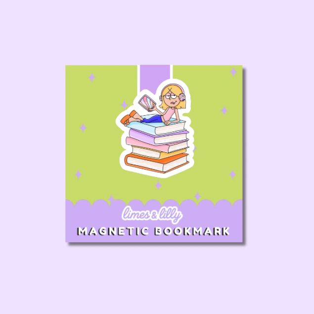 Magnetic bookmark with cartoon character on a stack of books against a purple background