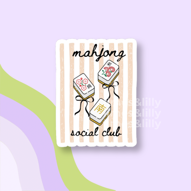Card with mahjong design and 'mahjong social club' text on a light purple background