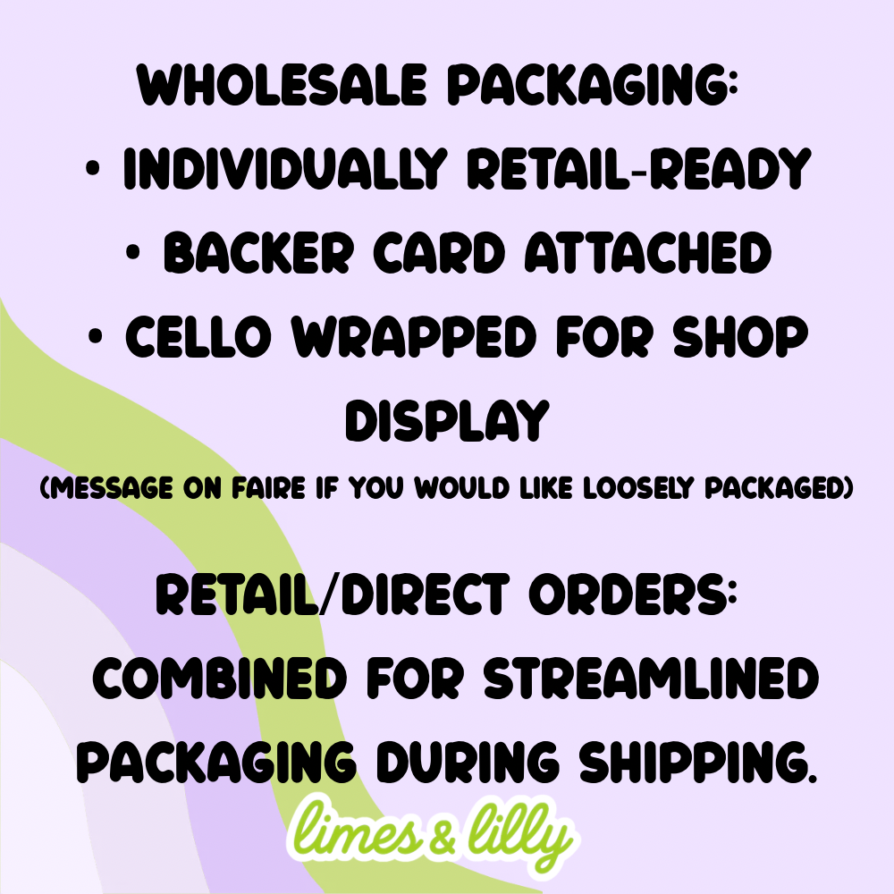 Text describing packaging options for products with 'limes & lilly' branding on a light purple background.
