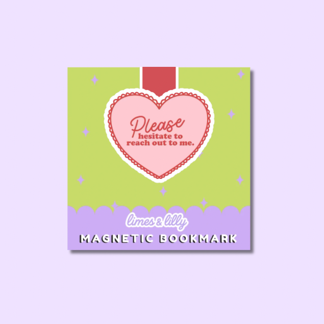 Magnetic bookmark with heart design and text on a light purple background
