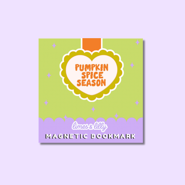 A square magnetic bookmark card with a pastel design, featuring a lime green top section, a lavender bottom band, and a central white heart with an orange ribbon and the text 'PUMPKIN SPICE SEASON'. The bottom reads 'limes & lily MAGNETIC BOOKMARK'.