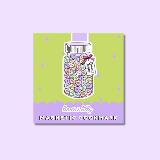 A square magnetic bookmark featuring a pastel illustration of a mason jar filled with heart-shaped candies, on a lime green background with a lavender bottom banner reading 'limes lilly MAGNETIC BOOKMARK'.