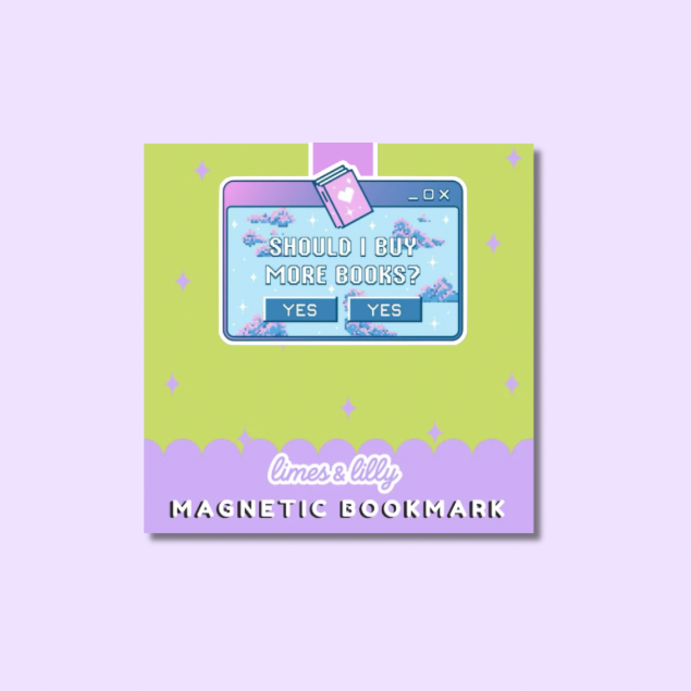 A square decorative magnetic bookmark card shown on a pale lavender background. The card has a lime green upper area with small star accents, a lavender lower band with scalloped trim, and a central illustrated pop-up window in pastel blue and purple reading “Should I buy more books? Yes Yes.