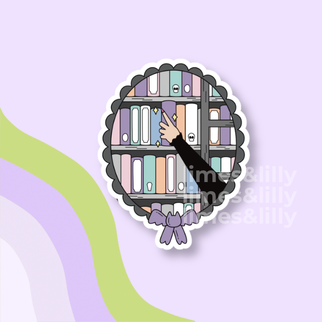 A die-cut sticker featuring an illustration of a hand reaching for a book on a shelf, with pastel-colored books and a black arm, shown on a lavender background with abstract green and purple wavy lines.
