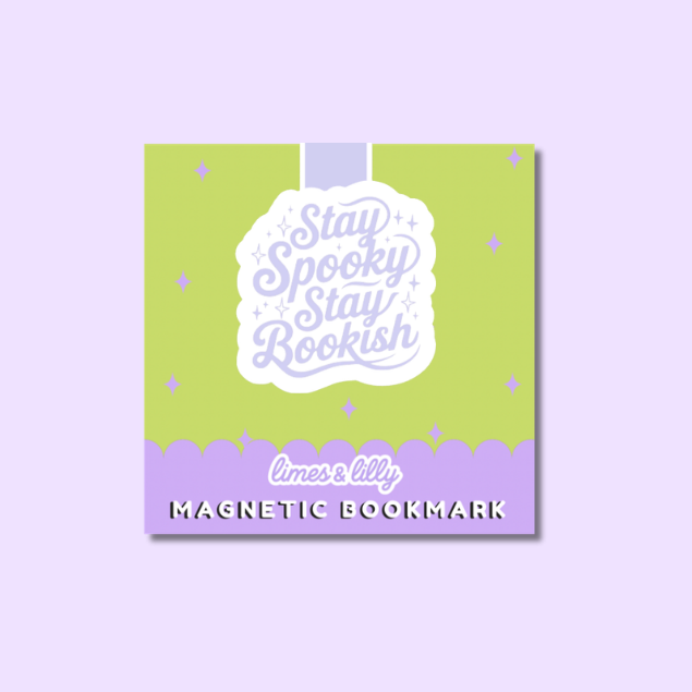 A square magnetic book cover or bookmark design shown on a light lavender background. The product has a lime green upper section with small lavender stars, a white central label reading 'Stay Spooky Stay Bookish' in lavender script, and a lavender bottom band with the text 'limes & lily' and 'MAGNETIC BOOKMARK'.