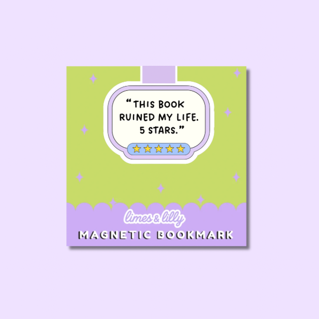 Magnetic bookmark with humorous text on a purple background