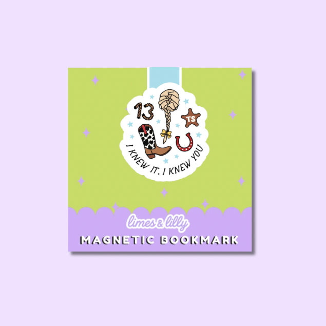 Magnetic bookmark with cowboy design and text on a green and purple background
