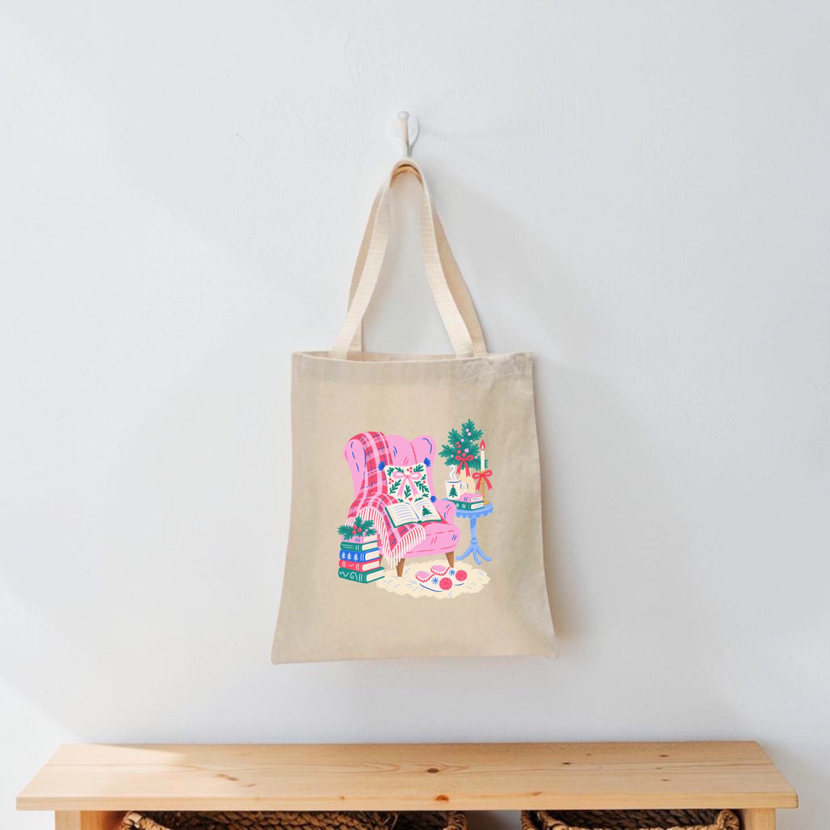 Cozy Christmas reading chair bookish tote bag for book lovers