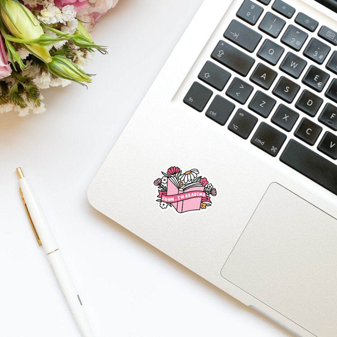 Shhh… I’m Reading Floral Book Sticker | Open Book | Flowers | Kindle Stickers | Bookish Stickers | Water Bottle Sticker