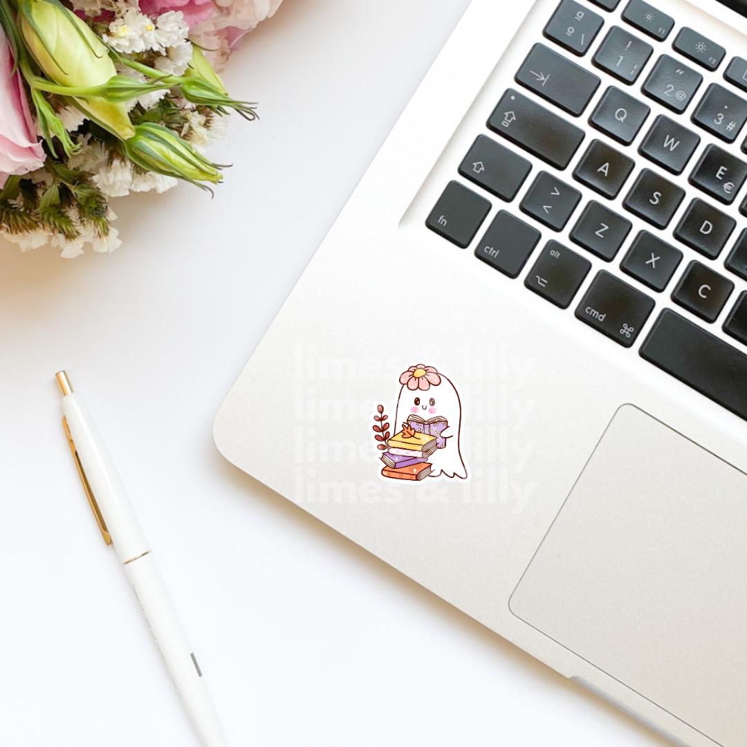 Ghost Reading a Book Floral Book Stack Vinyl Sticker | Water Bottle Sticker | Bookish Stickers | Kindle Stickers