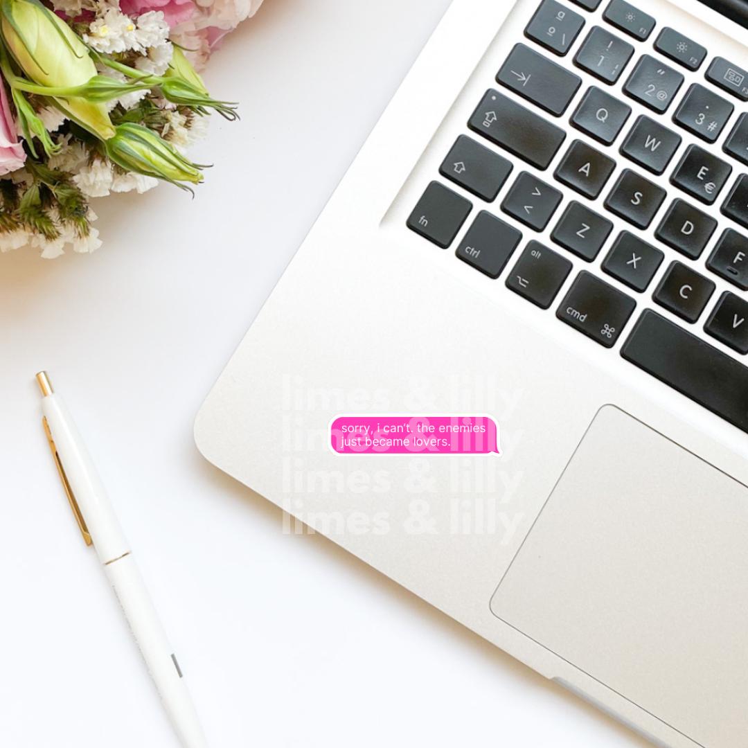 Sorry I Can’t The Enemies Just Became Lovers Pink Text Message Sticker | Bookish Stickers | Kindle Stickers | Sticker Quote | Book Lover |