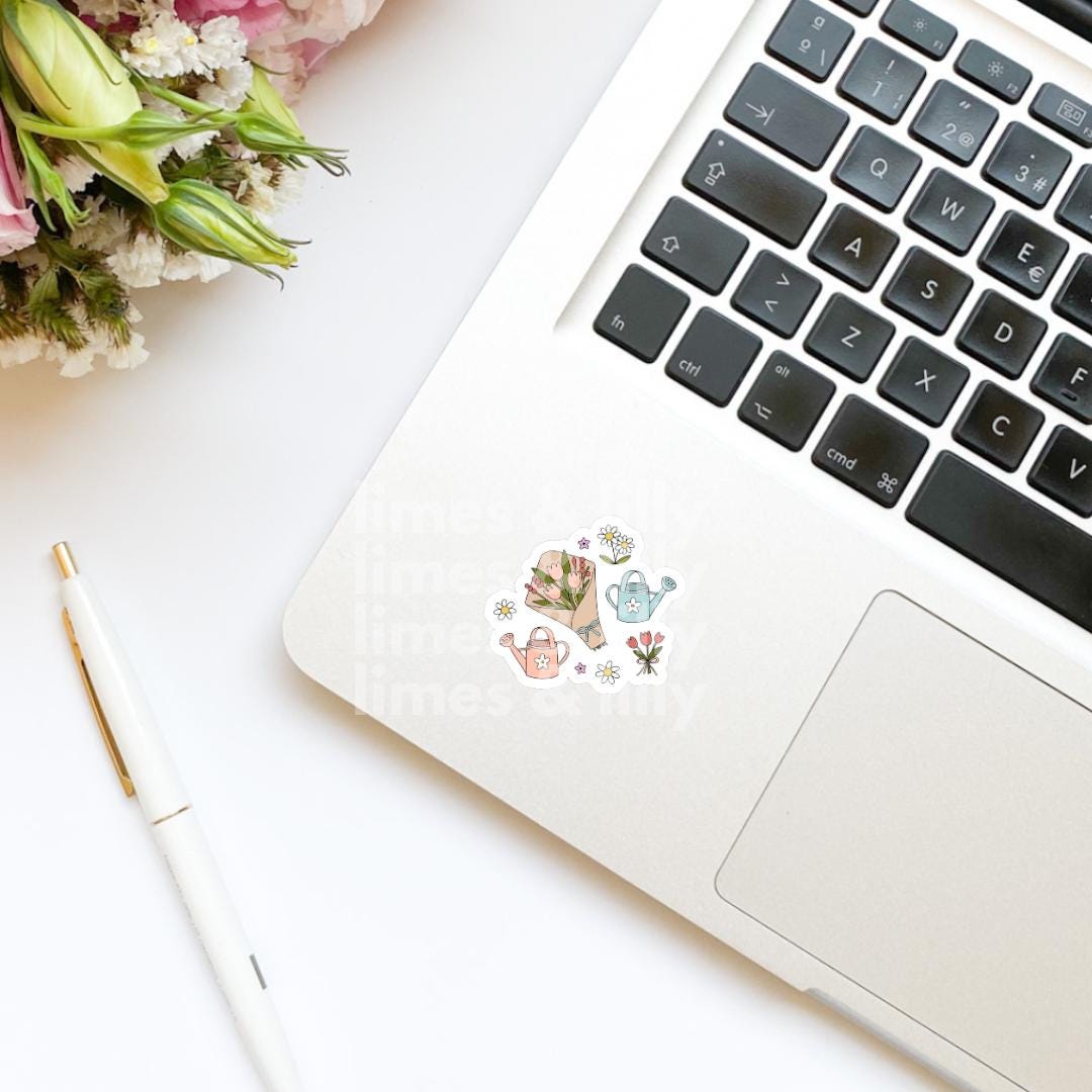 Spring Time Floral Tulips Bouquet Gardening Water Can Spring Summer Vinyl Sticker | Kindle Stickers | Bookish Stickers | Girly Stickers