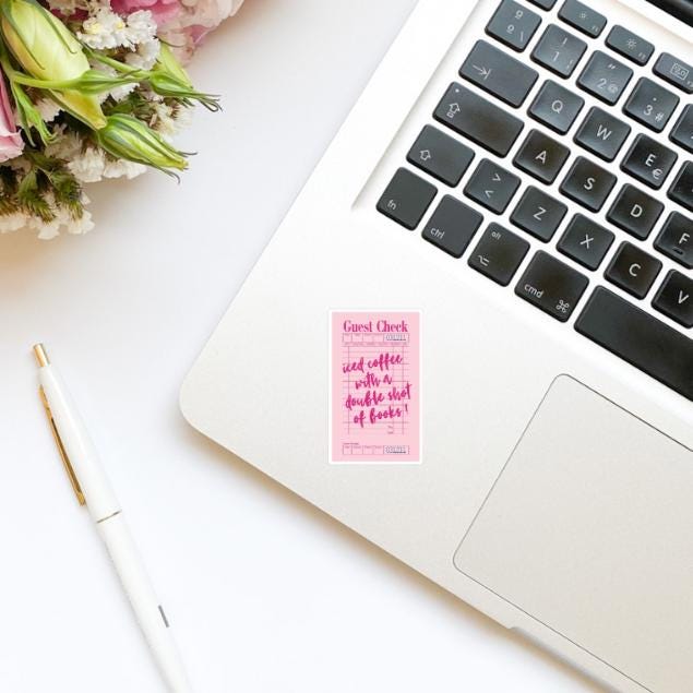 Guest Check Iced Coffee with a Double Shot of Books! Pink Vinyl Sticker | Kindle Stickers | Bookish Stickers | Sticker Quote