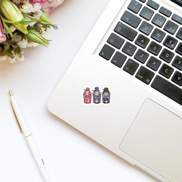 Mira Rumi Zoey Ramen Vinyl Sticker | Anime Inspired Chibi Trio Character Sticker | Cute Collectible Vinyl | Kindle Stickers | Water Bottle