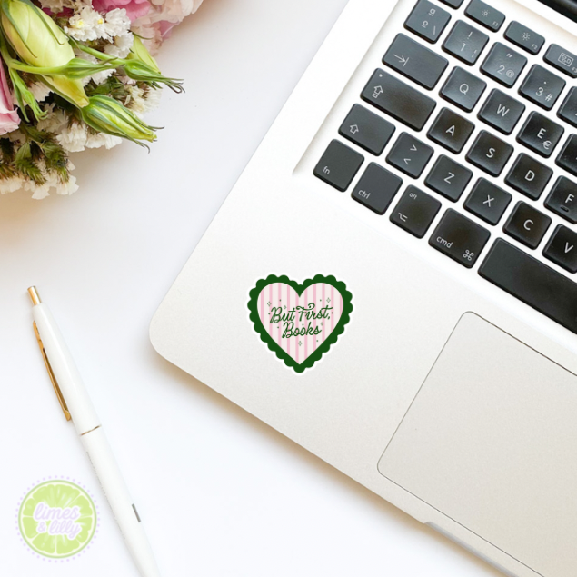 But First, Books Preppy Scallop Heart Vinyl Sticker
