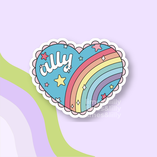 Heart-shaped sticker with a rainbow and 'ally' text on a light purple background