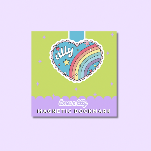 Magnetic bookmark with rainbow design and 'limes & lilly' branding on a light purple background