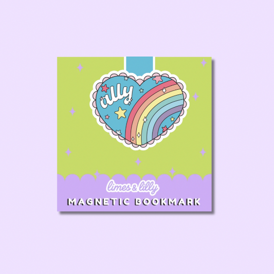 Magnetic bookmark with rainbow design and 'limes & lilly' branding on a light purple background