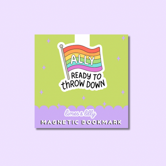 Magnetic bookmark with rainbow flag and text on a green and purple background