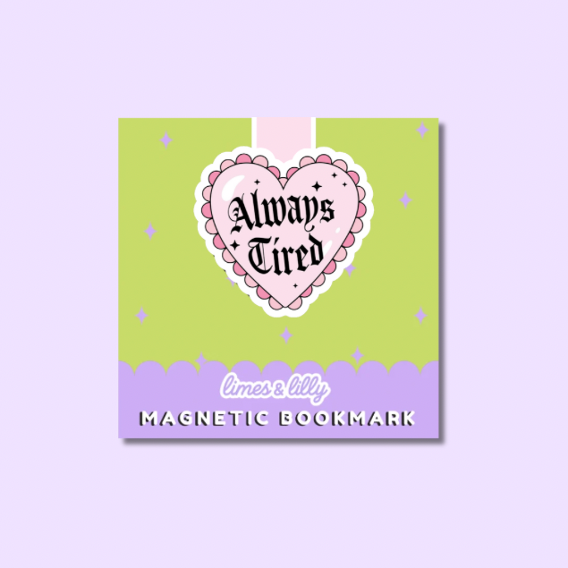 Magnetic bookmark with heart design and text on a green and purple background