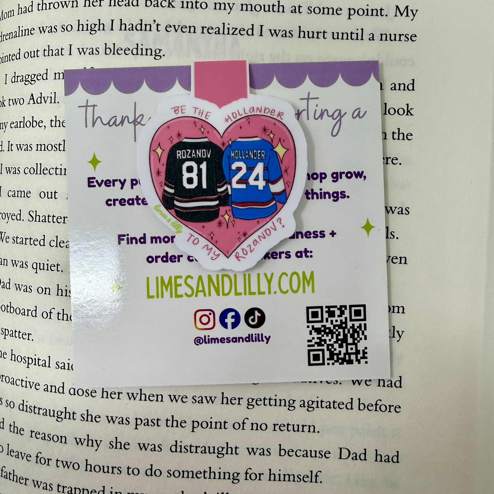 Sticker with hockey jerseys and a heart on a book page