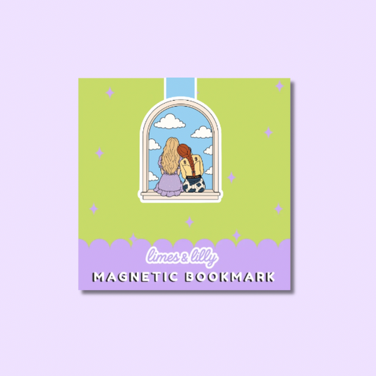 Magnetic bookmark with illustration of two people and a dog, on a green and purple background.