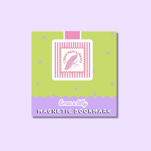 A square decorative magnetic bookmark card shown on a light lavender background. The card features a lime green upper section with pink star accents, a pink-and-white striped label illustration resembling a perfume bottle, and a lavender lower section with the text 'limes & lily' and 'MAGNETIC BOOKMARK'.