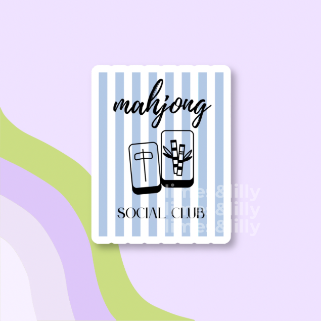 Card with 'mahjong social club' text and design on a colorful background