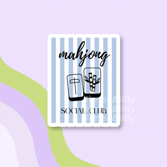 Card with 'mahjong social club' text and design on a colorful background