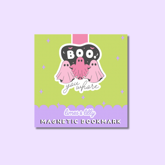 A square magnetic bookmark with a pastel design, featuring three cartoon ghosts in pink and purple on a lime green background with a lavender bottom section. The central graphic reads 'BOO you're mine' and the bottom text reads 'limes & lily MAGNETIC BOOKMARK'.