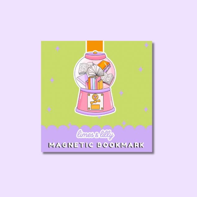 A square sticker-style product labeled 'limes lily MAGNETIC BOOKMARK' on a pale lavender background. The design shows a pink gumball machine with books and papers inside, set on a lime green field with small star accents and a lavender bottom band.