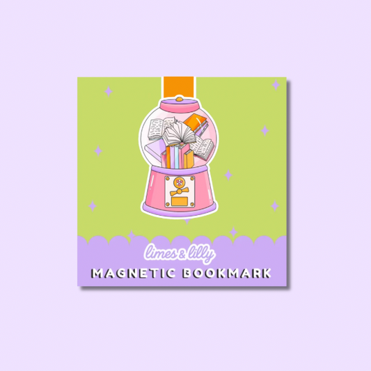 A square sticker-style product labeled 'limes lily MAGNETIC BOOKMARK' on a pale lavender background. The design shows a pink gumball machine with books and papers inside, set on a lime green field with small star accents and a lavender bottom band.