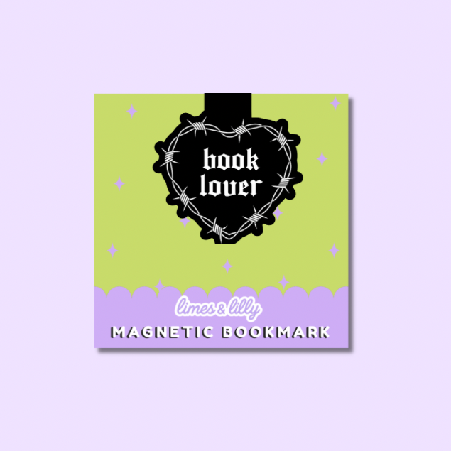A square magnetic book bookmark with a lime green top section, a lavender bottom banner, and a black heart-shaped silhouette outlined with barbed wire in the center. The words 'book lover' appear inside the heart, and 'limes lilly' and 'MAGNETIC BOOKMARK' are printed on the banner.