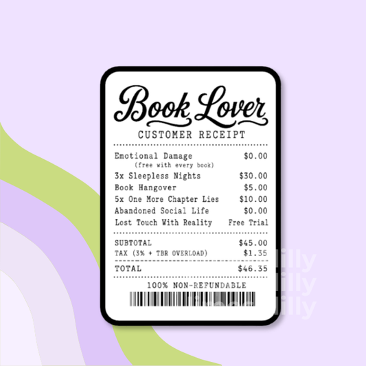 A rectangular black-and-white receipt card with rounded corners, featuring the title 'Book Lover Customer Receipt' in decorative script and a list of humorous book-related charges, shown against a pastel lavender background with abstract green and white shapes.