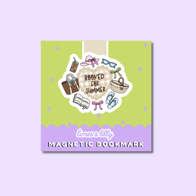 A square magnetic bookmark card with a light green and lavender design, featuring summer-themed illustrations like sunglasses, a drink, a tote bag, a book, and flip-flops, with the text 'limes lily' and 'MAGNETIC BOOKMARK'.