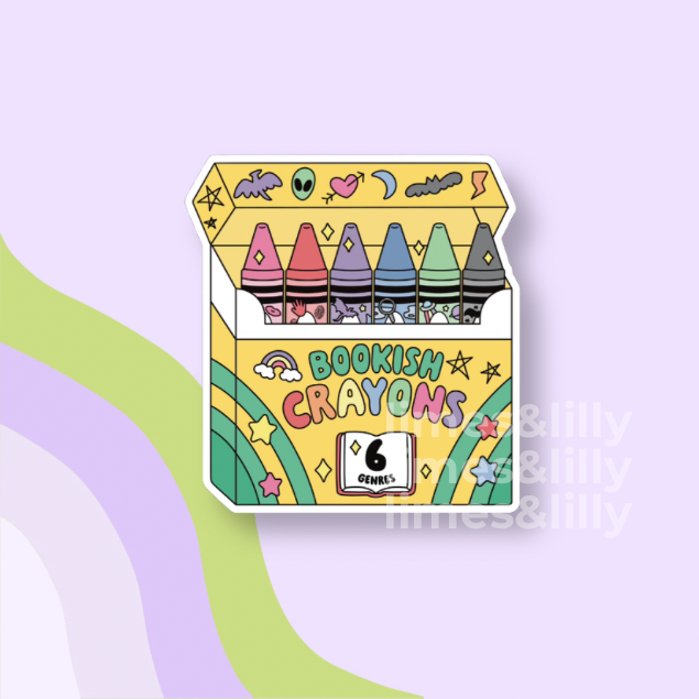 A die-cut sticker or decal featuring a whimsical illustration of a box of crayons labeled 'BOOKISH CRAYONS' with '6 Crayons' on the front, shown on a pastel lavender background with abstract curved stripes.