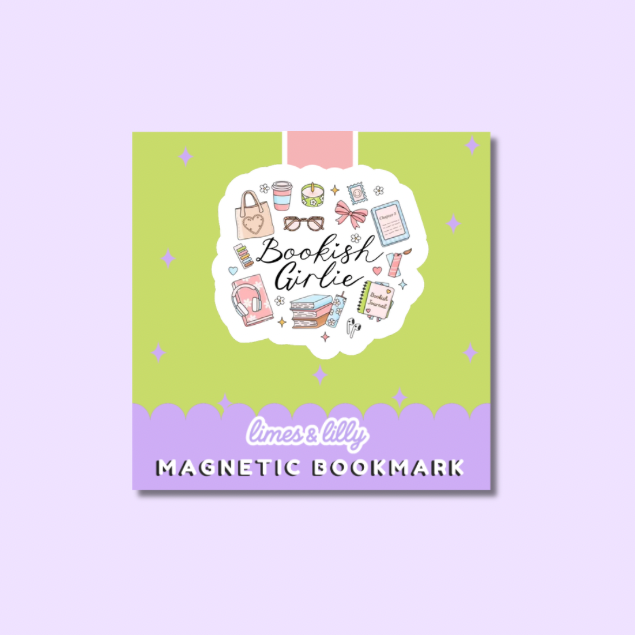 A square product card for a magnetic bookmark featuring a lime green and lavender design with cute bookish doodles and the text 'Bookish Girlie' and 'limes & lily MAGNETIC BOOKMARK'.