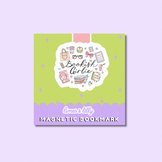 A square product card for a magnetic bookmark featuring a lime green and lavender design with cute bookish doodles and the text 'Bookish Girlie' and 'limes & lily MAGNETIC BOOKMARK'.