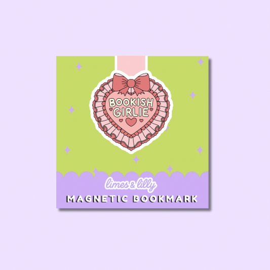 Magnetic bookmark with heart design and 'Bookish Girlie' text on a green and purple background