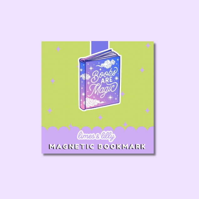 A square product card for a magnetic bookmark featuring an illustration of a purple and blue book with the words 'Books Are Magic' on a lime green background, with a lavender banner reading 'times lilly MAGNETIC BOOKMARK' on a light lavender backdrop.