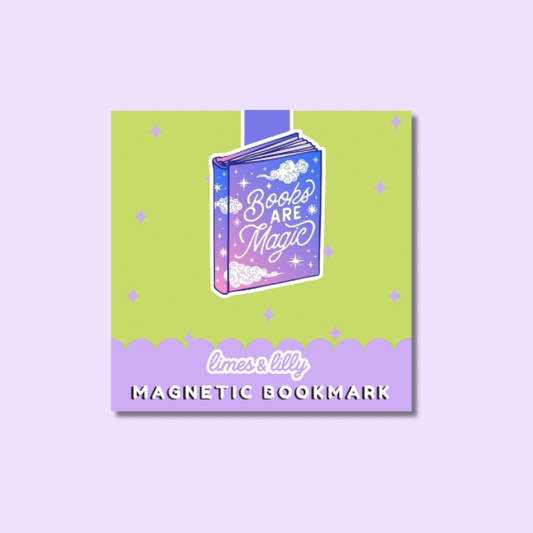A square product card for a magnetic bookmark featuring an illustration of a purple and blue book with the words 'Books Are Magic' on a lime green background, with a lavender banner reading 'times lilly MAGNETIC BOOKMARK' on a light lavender backdrop.