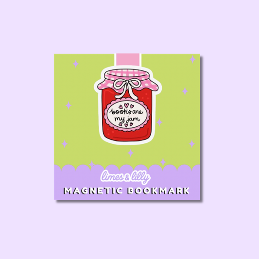 A square magnetic bookmark featuring a cartoon jam jar illustration with the phrase 'books are my jam' on a light green background with a lavender bottom banner reading 'limes & lily MAGNETIC BOOKMARK'.