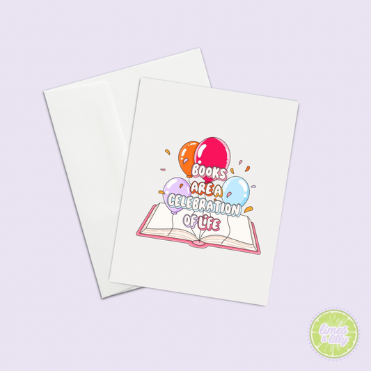 Card with balloons and text 'Books are a generation of life' on a light purple background