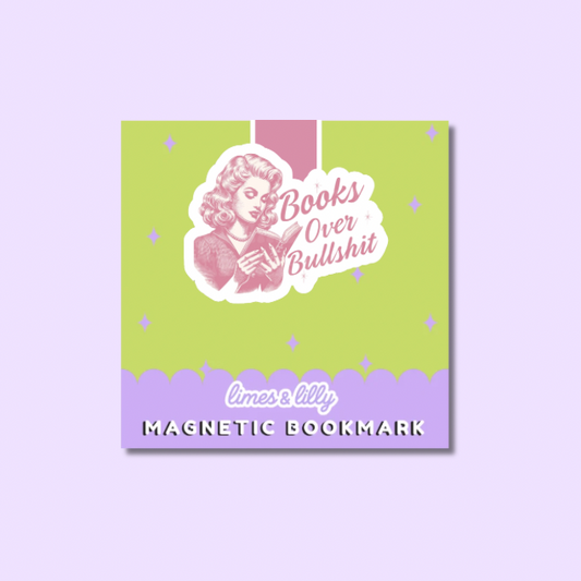 Magnetic bookmark with a design of a woman holding a book and text on a purple background