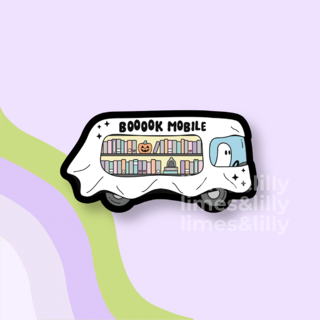 A cartoon enamel pin of a ghost-shaped bookmobile with 'BOOOOK MOBILE' written on the side, set against a light purple background with abstract green and lavender curved lines.