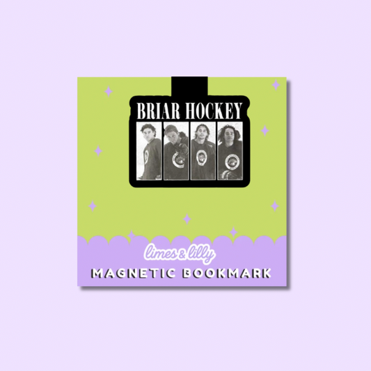 Magnetic bookmark packaging with a green and purple design on a light purple background